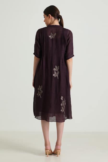 Shop Arcvsh By Pallavi Singh Purple Organza, Silk, Chanderi Embroidery Round Neck Ruffle Detailed Midi Dress at Aza Fashions Shop_Arcvsh By Pallavi Singh_Purple Organza, Silk, Chanderi Embroidery Round Neck Ruffle Detailed Midi Dress _at_Aza_Fashions