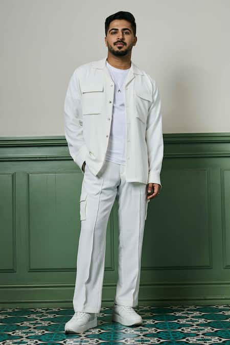 Asuka White Biscuit Crepe Geometric Texture Jacket With Trouser 