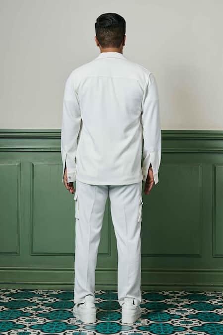 Shop_Asuka_White Crepe Geometric Texture Jacket With Trouser _at_Aza_Fashions