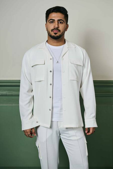 Buy_Asuka_White Crepe Geometric Texture Jacket With Trouser _Online_at_Aza_Fashions