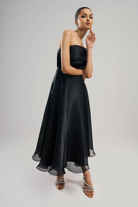 Shop_Brinda Sneha_Black Organza Pain Asymmetric Astrid Draped Bodice Dress _Online_at_Aza_Fashions