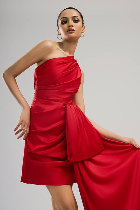 Buy Brinda Sneha Red Liquid Satin Plain Asymmetric Brigid Half Bow Applique Mini Dress Online at Aza Fashions Buy_Brinda Sneha_Red Liquid Satin Plain Asymmetric Brigid Half Bow Applique Mini Dress _Online_at_Aza_Fashions