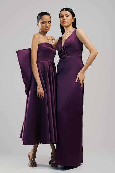 Brinda Sneha Purple Bridal Satin Plain Straight Neck Esther Big Bow Applique Dress  4