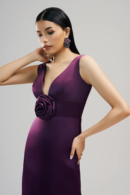 Brinda Sneha Purple Bridal Satin Applique Rosette Plunge Neck Dahlia Gown Online at Aza Fashions Brinda Sneha_Purple Bridal Satin Applique Rosette Plunge Neck Dahlia Gown _Online_at_Aza_Fashions