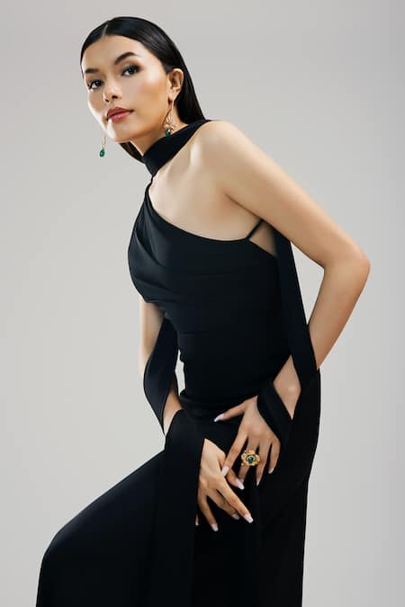 Buy_Brinda Sneha_Black Textured Crepe Plain Asymmetric Phoenix Gown _Online_at_Aza_Fashions