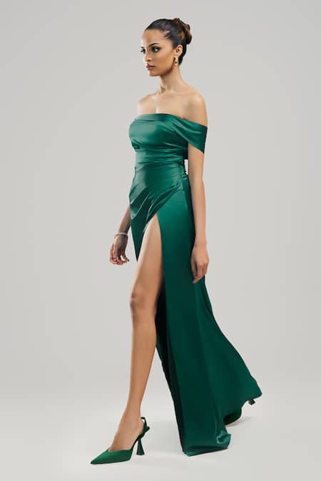 Buy Brinda Sneha Green Satin Off-shoulder Hazel Thigh Slit Gown Online at Aza Fashions Buy_Brinda Sneha_Green Satin Off-shoulder Hazel Thigh Slit Gown _Online_at_Aza_Fashions