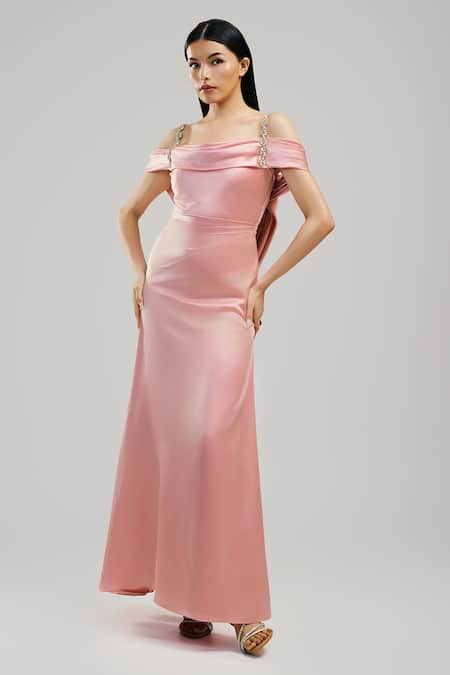 Brinda Sneha Peach Velveteen Satin Plain Cowl Neck Aurora Draped Gown 