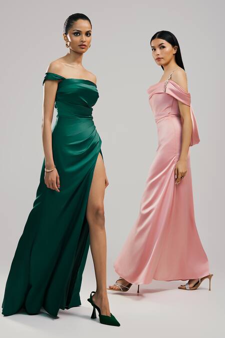 Buy Brinda Sneha Peach Velveteen Satin Plain Cowl Neck Aurora Draped Gown Online at Aza Fashions Buy_Brinda Sneha_Peach Velveteen Satin Plain Cowl Neck Aurora Draped Gown _Online_at_Aza_Fashions
