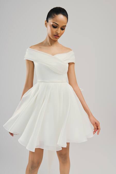 Buy_Brinda Sneha_White Organza V-neck Ivy Pleated Short Dress _Online_at_Aza_Fashions