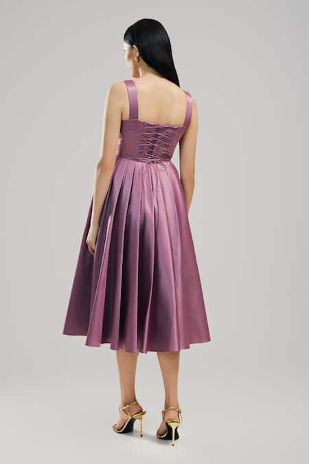 Shop_Brinda Sneha_Purple Satin Square Neck Zia Pleated Dress _at_Aza_Fashions