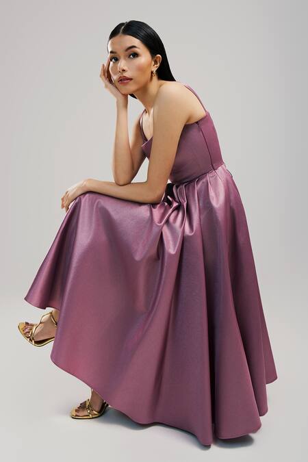 Brinda Sneha_Purple Satin Square Neck Zia Pleated Dress _Online_at_Aza_Fashions