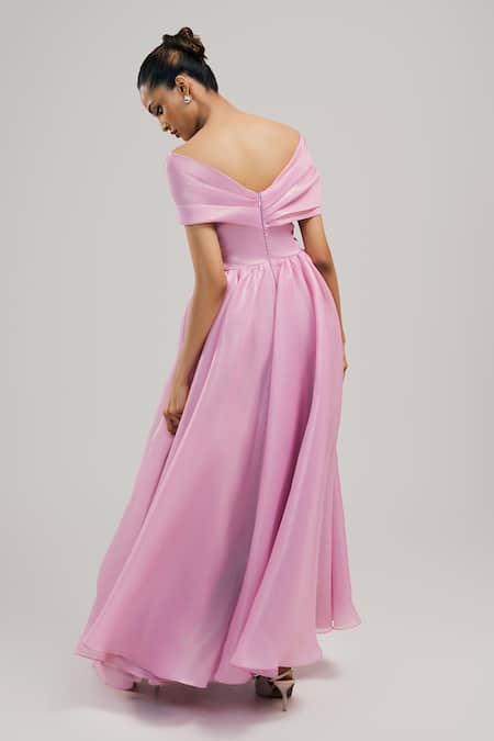 Shop_Brinda Sneha_Pink Foil Organza Plain Asymmetric Lily Pleated Gown _at_Aza_Fashions