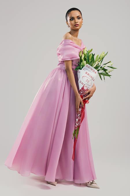 Brinda Sneha_Pink Foil Organza Plain Asymmetric Lily Pleated Gown _Online_at_Aza_Fashions