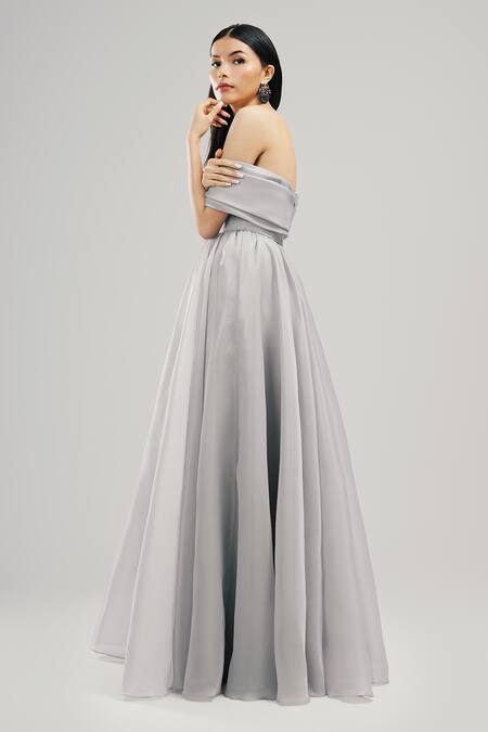 Buy_Brinda Sneha_Grey Foil Organza Plain Sweetheart Neck Celeste Draped Bodice Gown _Online_at_Aza_Fashions