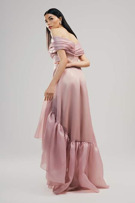 Shop_Brinda Sneha_Peach Organza Asymmetric Pearl Gown _at_Aza_Fashions