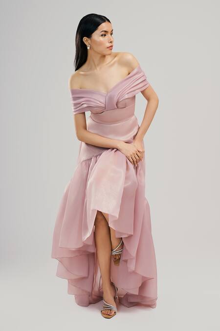 Brinda Sneha_Peach Organza Asymmetric Pearl Gown _Online_at_Aza_Fashions