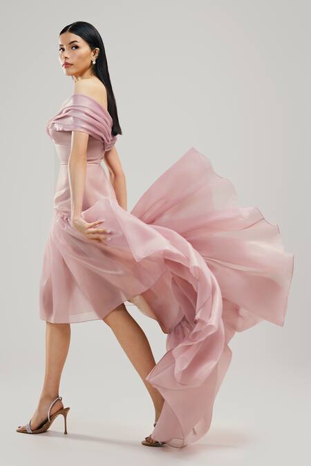 Buy_Brinda Sneha_Peach Organza Asymmetric Pearl Gown _Online_at_Aza_Fashions