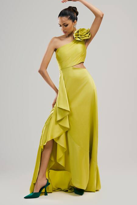Brinda Sneha_Green Velvet, Satin Ruffles Asymmetric Elixir Rosette Applique Gown _Online_at_Aza_Fashions