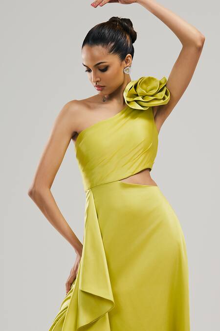 Buy_Brinda Sneha_Green Velvet, Satin Ruffles Asymmetric Elixir Rosette Applique Gown _Online_at_Aza_Fashions