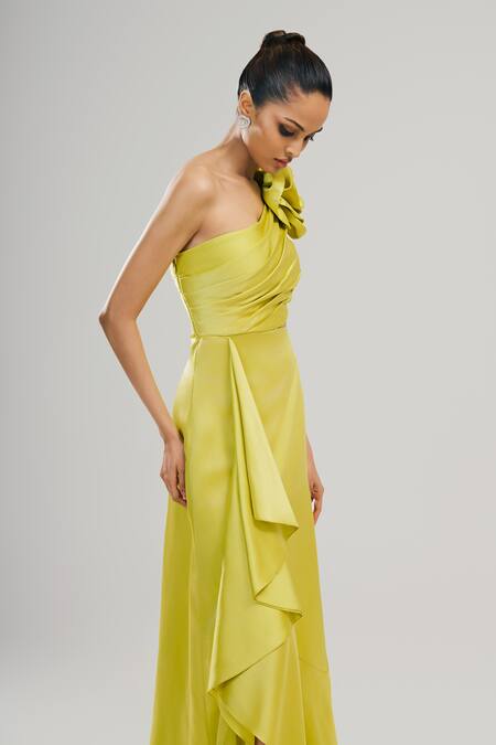 Shop_Brinda Sneha_Green Velvet, Satin Ruffles Asymmetric Elixir Rosette Applique Gown _Online_at_Aza_Fashions