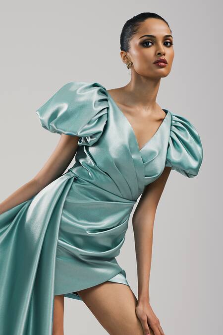 Buy_Brinda Sneha_Green Satin V-neck Ella Puff Sleeve Dress _Online_at_Aza_Fashions