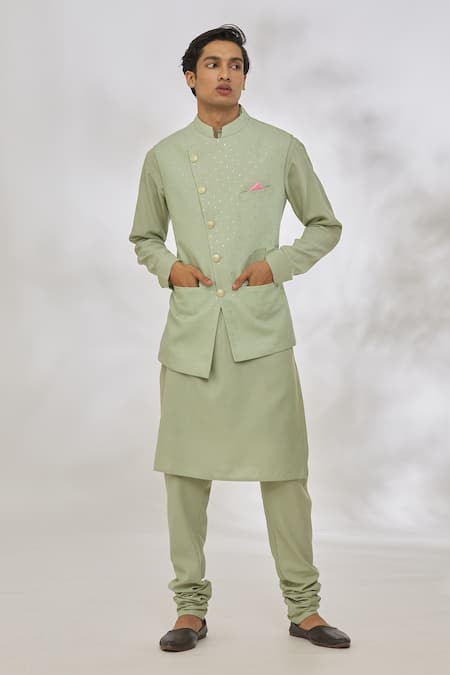 Shop Manish Nagdeo Green Cotton, Silk Mint Geometric Bundi And Kurta Set Online at Aza Fashions Shop_Manish Nagdeo_Green Cotton, Silk Mint Geometric Bundi And Kurta Set _Online_at_Aza_Fashions