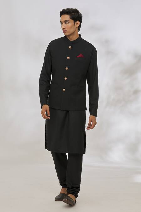 Shop_Manish Nagdeo_Black Silk Quilted Bundi And Kurta Set _Online_at_Aza_Fashions