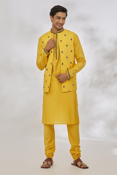 Buy Manish Nagdeo Yellow Modal Embroidery Geometric Bundi And Kurta Set Online at Aza Fashions Buy_Manish Nagdeo_Yellow Modal Embroidery Geometric Bundi And Kurta Set _Online_at_Aza_Fashions