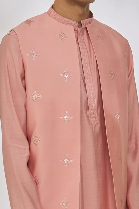 Shop Manish Nagdeo Pink Modal Sequins, Embroidery Geometric Bundi And Kurta Set Online at Aza Fashions Shop_Manish Nagdeo_Pink Modal Sequins, Embroidery Geometric Bundi And Kurta Set _Online_at_Aza_Fashions