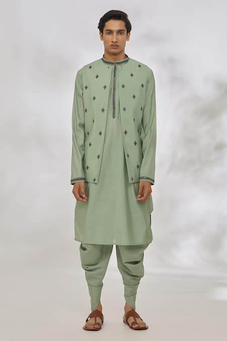 Buy Manish Nagdeo Green Modal Embroidery Diamond Pattern Bundi And Kurta Set Online at Aza Fashions Buy_Manish Nagdeo_Green Modal Embroidery Diamond Pattern Bundi And Kurta Set _Online_at_Aza_Fashions