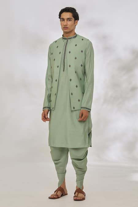Shop Manish Nagdeo Green Modal Embroidery Diamond Pattern Bundi And Kurta Set Online at Aza Fashions Shop_Manish Nagdeo_Green Modal Embroidery Diamond Pattern Bundi And Kurta Set _Online_at_Aza_Fashions