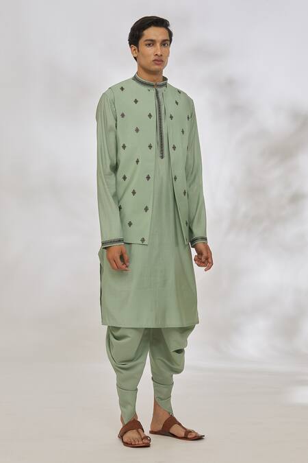 Manish Nagdeo Green Modal Embroidery Diamond Pattern Bundi And Kurta Set at Aza Fashions Manish Nagdeo_Green Modal Embroidery Diamond Pattern Bundi And Kurta Set _at_Aza_Fashions