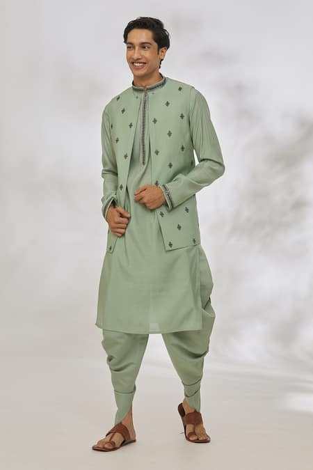 Shop Manish Nagdeo Green Modal Embroidery Diamond Pattern Bundi And Kurta Set Shop_Manish Nagdeo_Green Modal Embroidery Diamond Pattern Bundi And Kurta Set