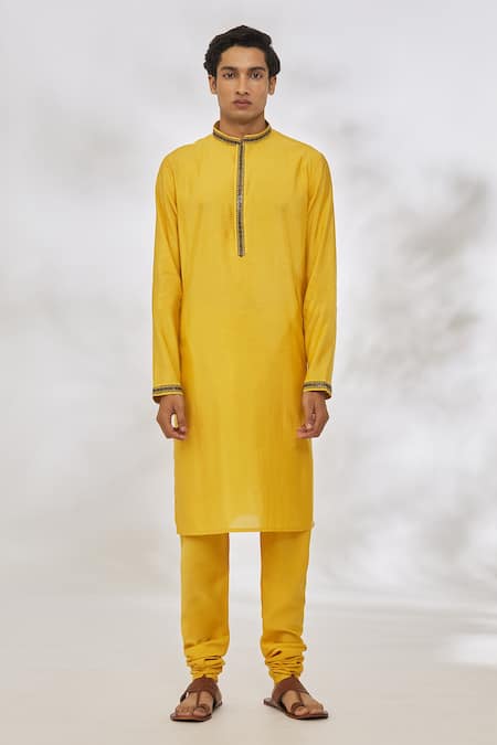 Manish Nagdeo Yellow Modal Embroidery Placket Kurta Set Online at Aza Fashions Manish Nagdeo_Yellow Modal Embroidery Placket Kurta Set _Online_at_Aza_Fashions