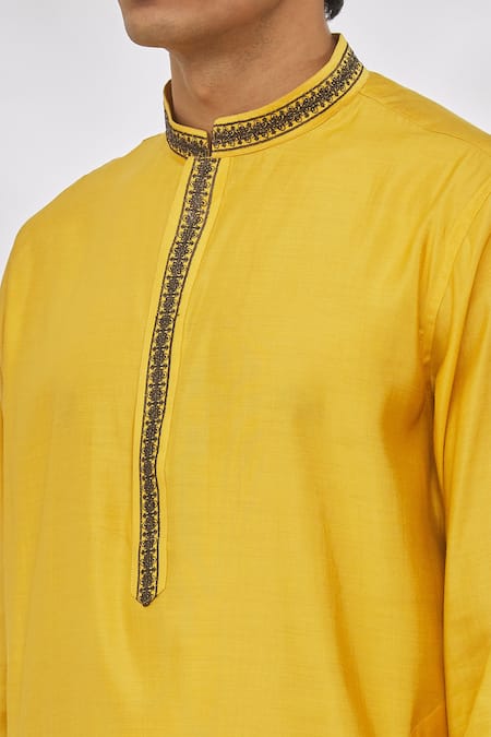 Shop Manish Nagdeo Yellow Modal Embroidery Placket Kurta Set Online at Aza Fashions Shop_Manish Nagdeo_Yellow Modal Embroidery Placket Kurta Set _Online_at_Aza_Fashions