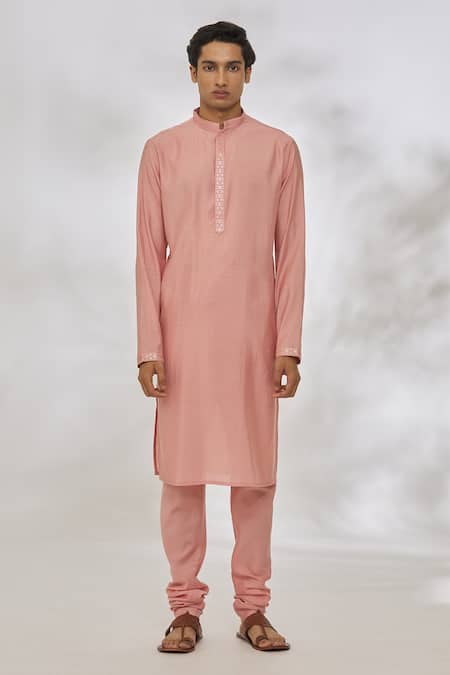 Manish Nagdeo Pink Modal Embroidery Resham Placket Kurta Set Online at Aza Fashions Manish Nagdeo_Pink Modal Embroidery Resham Placket Kurta Set _Online_at_Aza_Fashions