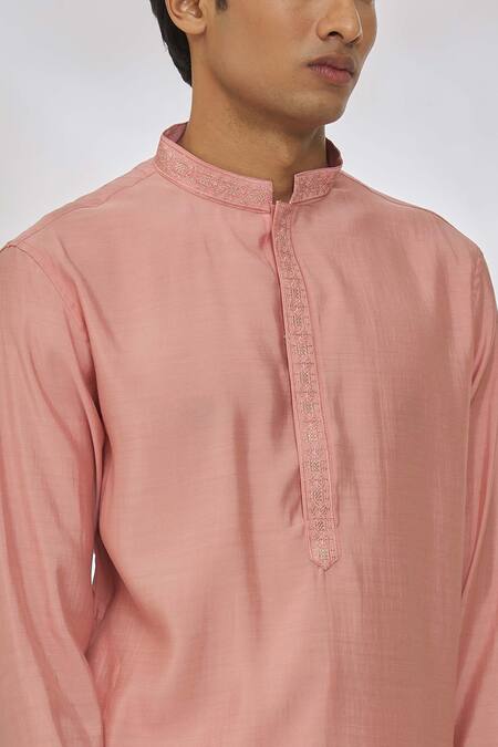 Shop Manish Nagdeo Pink Modal Embroidery Resham Placket Kurta Set Online at Aza Fashions Shop_Manish Nagdeo_Pink Modal Embroidery Resham Placket Kurta Set _Online_at_Aza_Fashions