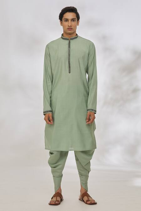 Manish Nagdeo Green Modal Embroidery Thread Placket Kurta Set Online at Aza Fashions Manish Nagdeo_Green Modal Embroidery Thread Placket Kurta Set _Online_at_Aza_Fashions