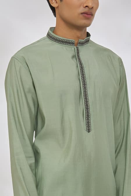 Shop Manish Nagdeo Green Modal Embroidery Thread Placket Kurta Set Online at Aza Fashions Shop_Manish Nagdeo_Green Modal Embroidery Thread Placket Kurta Set _Online_at_Aza_Fashions