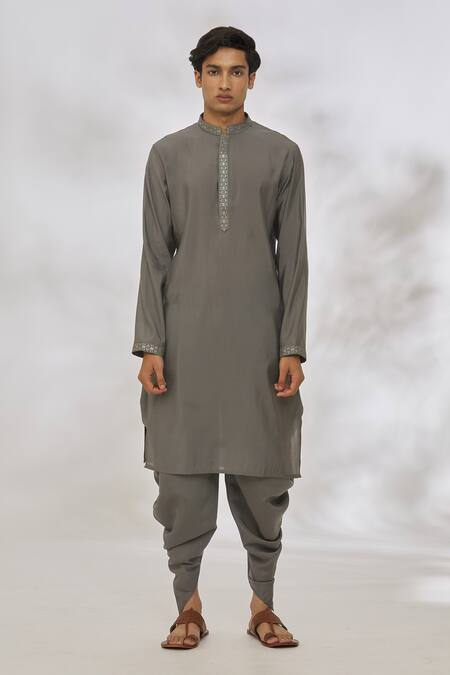 Manish Nagdeo_Grey Modal Embroidery Sequin Placket Kurta Set _Online_at_Aza_Fashions