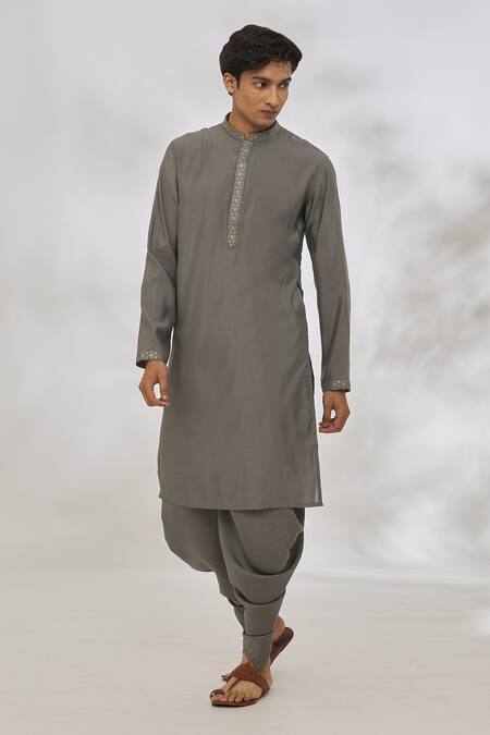 Buy_Manish Nagdeo_Grey Modal Embroidery Sequin Placket Kurta Set _Online_at_Aza_Fashions