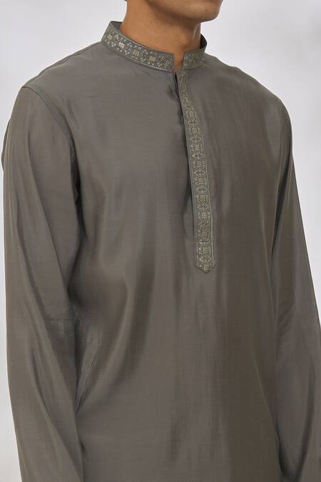 Shop_Manish Nagdeo_Grey Modal Embroidery Sequin Placket Kurta Set _Online_at_Aza_Fashions