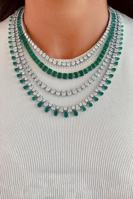 PRERTO Green Diamonds, Stones Four Layered Emerald Setting Necklace Set 