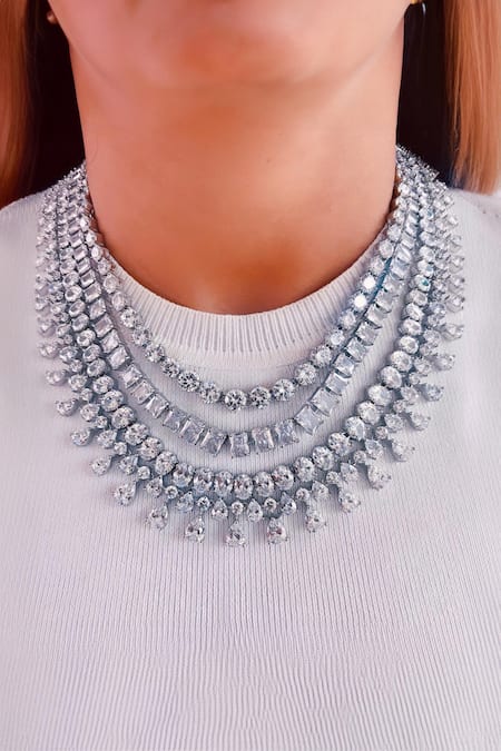 PRERTO White Imitation Diamonds Royal Four Layered Setting Necklace Set 