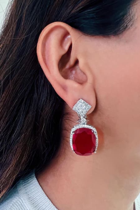 Shop PRERTO Red Imitation Diamonds Kate Ruby Pendant Necklace Set at Aza Fashions Shop_PRERTO_Red Imitation Diamonds Kate Ruby Pendant Necklace Set _at_Aza_Fashions