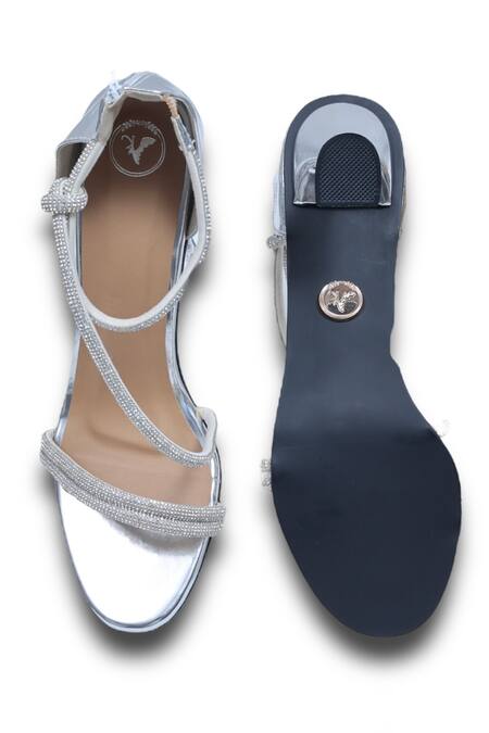 Shop Sana K luxurious Footwear Silver Rhinestones Ananya Strap Embellished Heels at Aza Fashions Shop_Sana K luxurious Footwear_Silver Rhinestones Ananya Strap Embellished Heels _at_Aza_Fashions