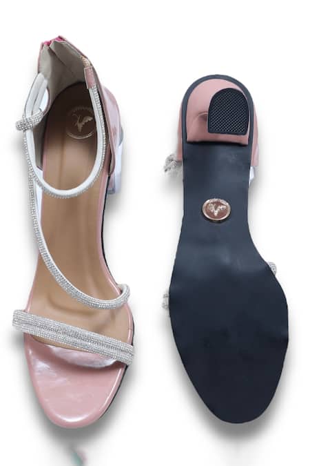Shop Sana K luxurious Footwear Pink Rhinestones Ananya Strap Embellished Textured Heels at Aza Fashions Shop_Sana K luxurious Footwear_Pink Rhinestones Ananya Strap Embellished Textured Heels _at_Aza_Fashions