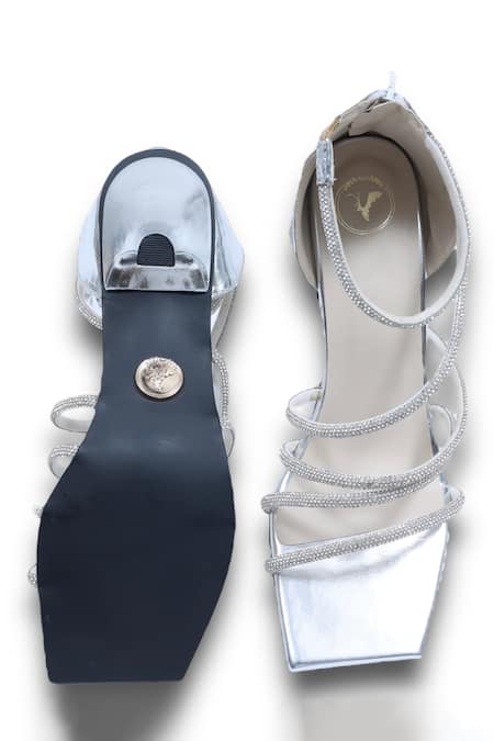 Shop Sana K luxurious Footwear Silver Rhinestones Atmika Strap Studded Heels at Aza Fashions Shop_Sana K luxurious Footwear_Silver Rhinestones Atmika Strap Studded Heels _at_Aza_Fashions