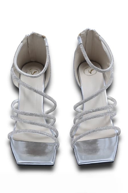 Sana K luxurious Footwear Silver Rhinestones Atmika Strap Studded Heels Online at Aza Fashions Sana K luxurious Footwear_Silver Rhinestones Atmika Strap Studded Heels _Online_at_Aza_Fashions