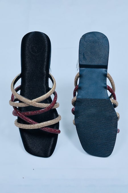 Shop Sana K luxurious Footwear Black Spring Rhinestone Strap Studded Flats at Aza Fashions Shop_Sana K luxurious Footwear_Black Spring Rhinestone Strap Studded Flats _at_Aza_Fashions